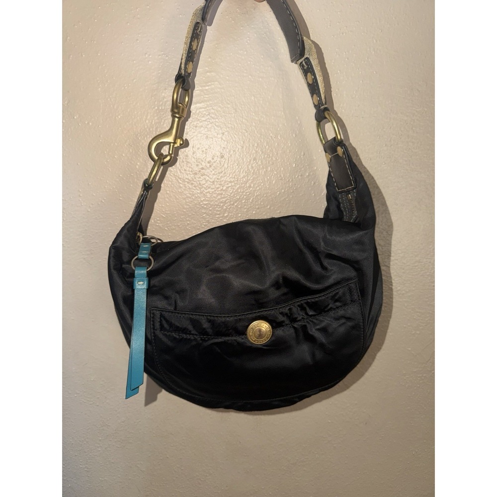 Coach Hampton Black Hobo Shoulder Bag Nylon Black Stitching  With Teal Lining